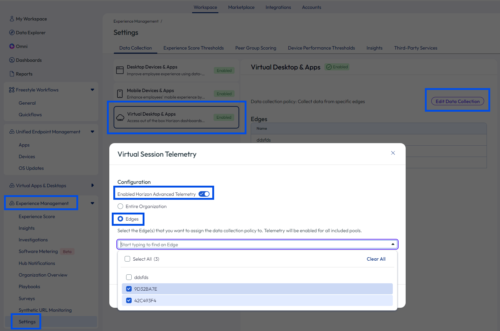 これらのチェック ボックスを使用して、Edge データをエクスペリエンス管理に送信するかどうかを指定します。