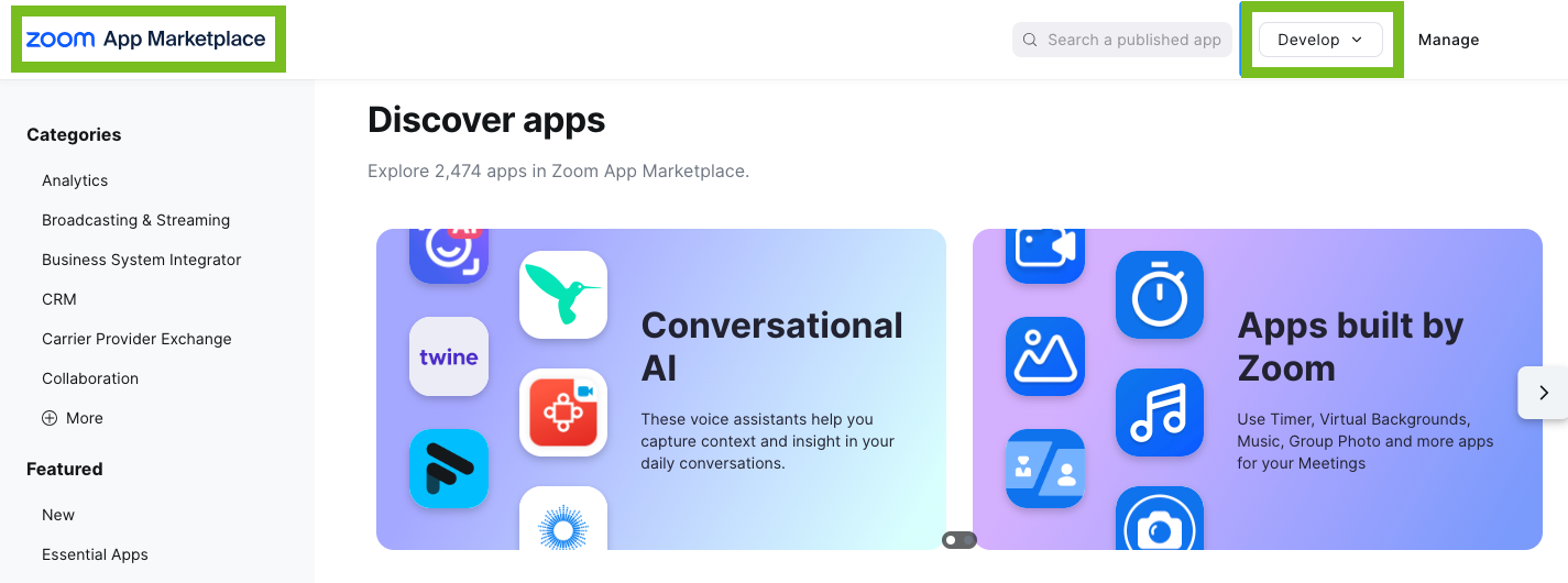 Zoom App Marketplace の右上隅にある [開発] ドロップダウンを見つけます。