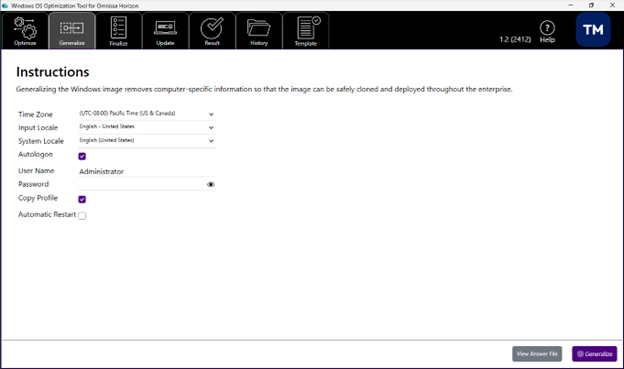 OSOT ユーザー インターフェイスの [一般化] タブとペイン
