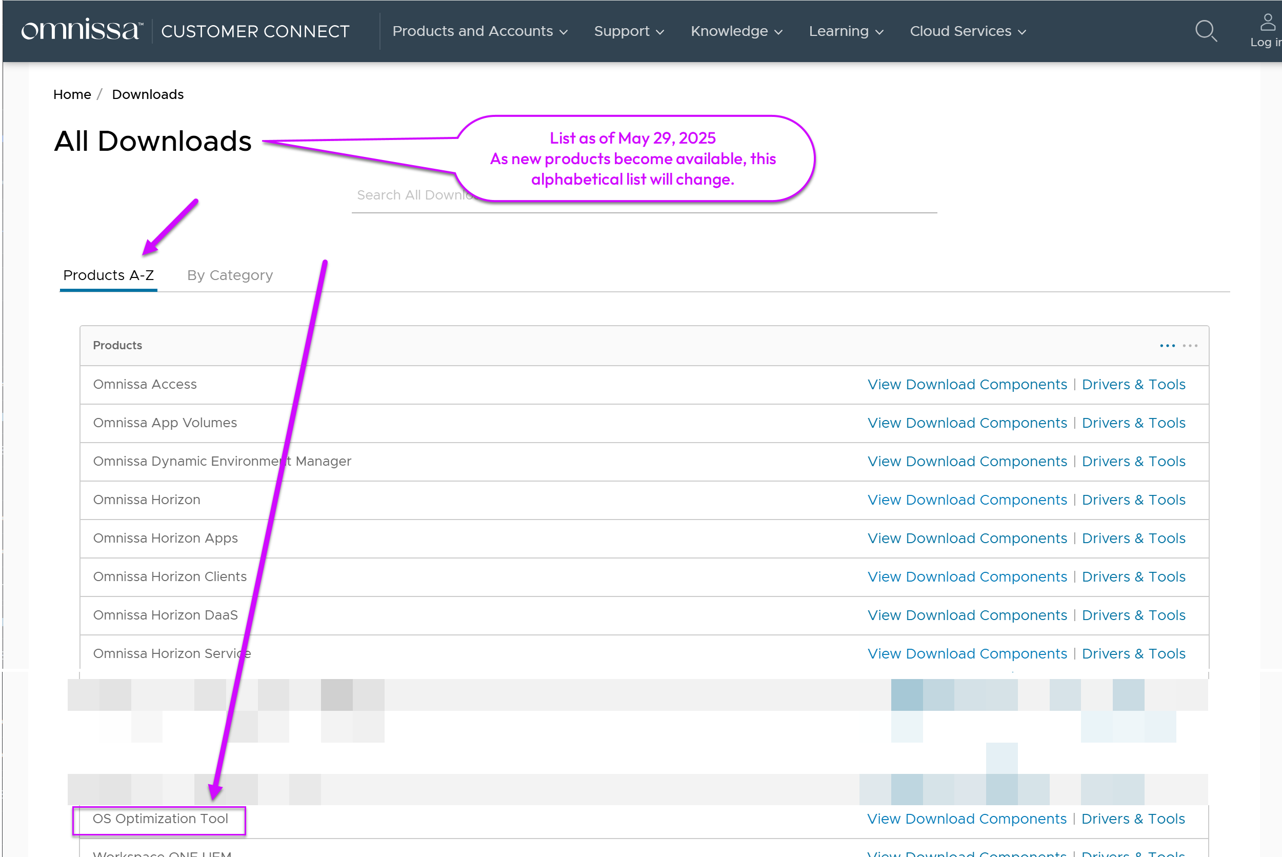 Customer Connect の [All Product ] リストにある [OS Optimization Tool] エントリ