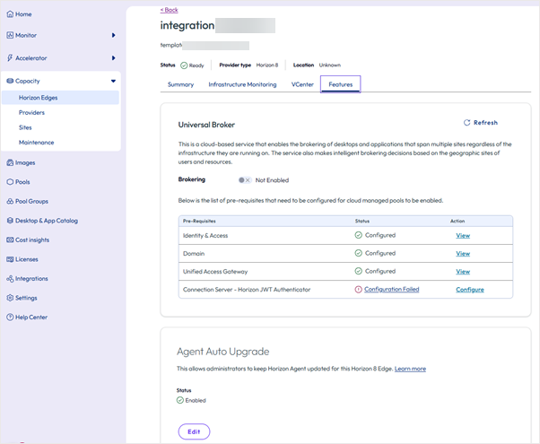 ブローカのステータス、ロード バランシング設定、およびサイト割り当てオプションが表示された Universal Broker の構成ページ。 ブローカのステータス、ロード バランシング設定、およびサイト割り当てオプションが表示された Universal Broker の構成ページ。