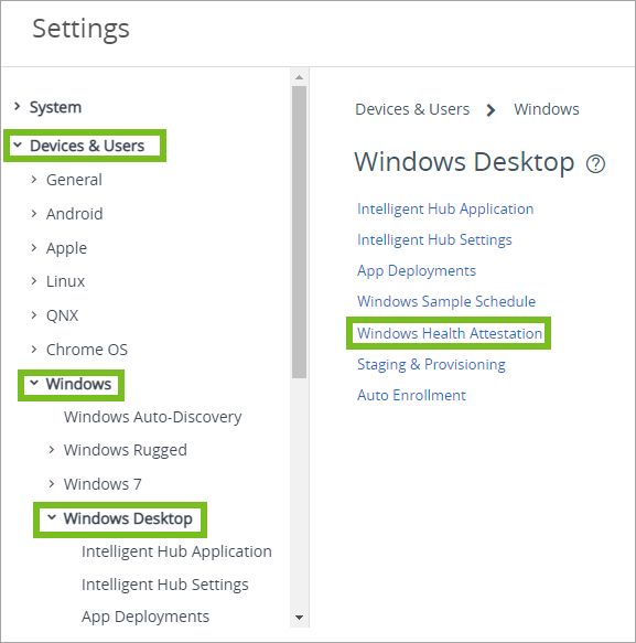 Windows 正常性構成証明へのナビゲーション パスを表示します Windows 正常性構成証明へのナビゲーション パスを表示します