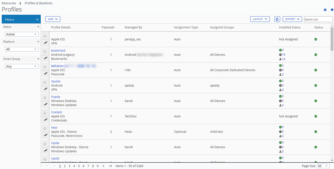 このスクリーンショットは、プロファイル リスト表示を示しています。ここでは、新しいプロファイルを作成し、プロファイルが割り当てられているデバイスを検査できます。