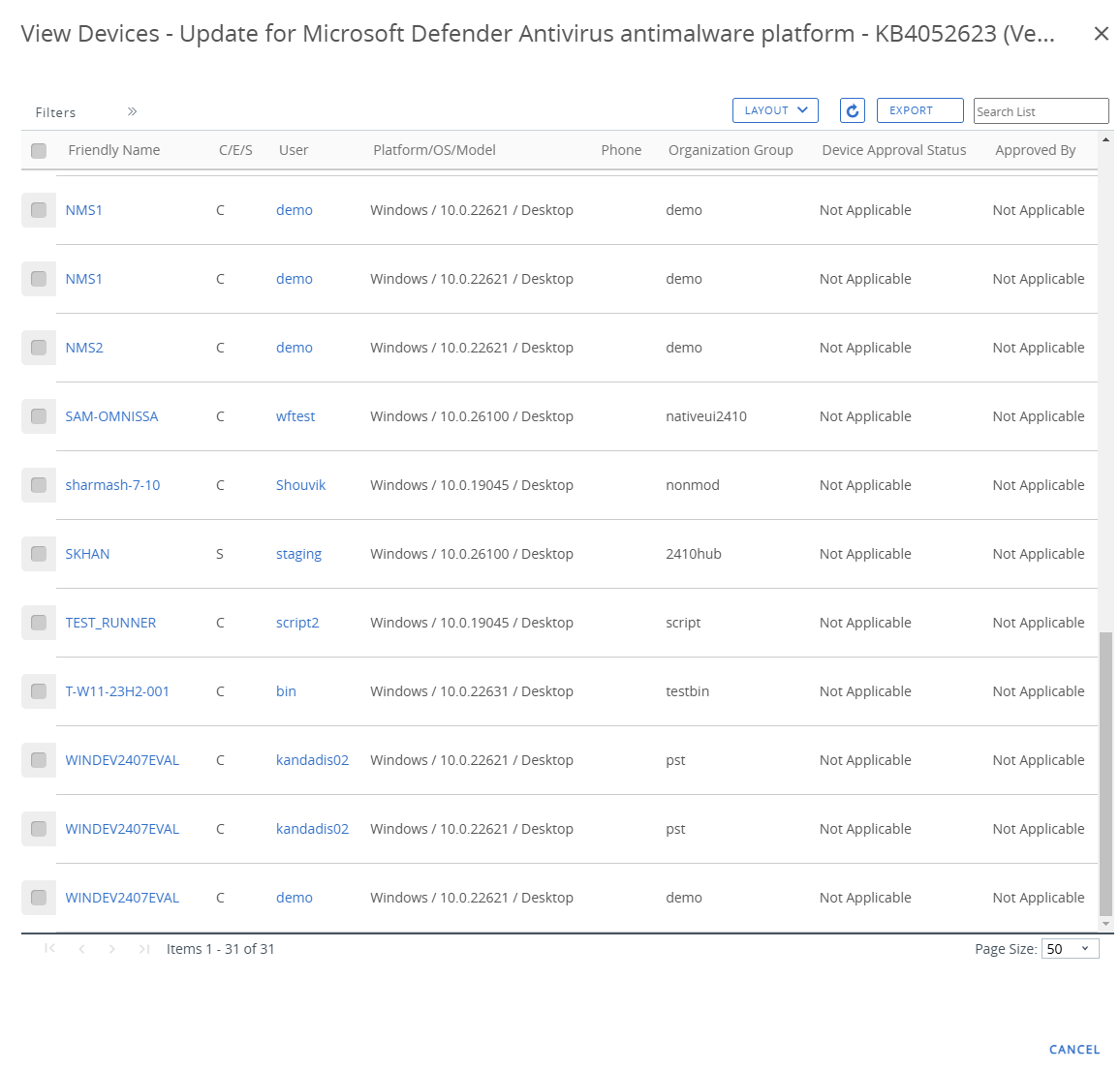 この部分的なスクリーンショットは、特定のインストール状態をクリックしたときに表示される [デバイス表示] 画面を示しています。