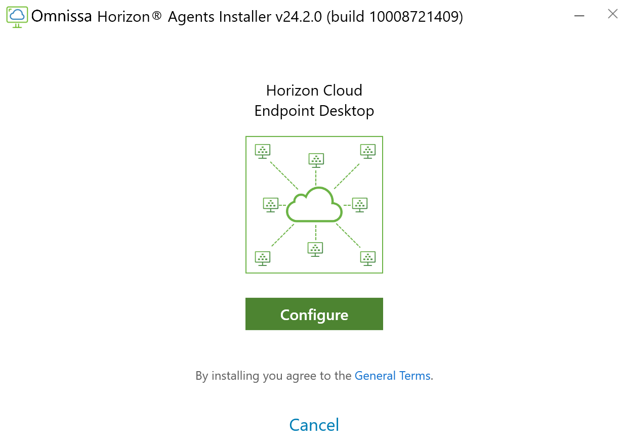 Windows 10 クライアント仮想マシンで Horizon Agents Installer に対して表示される最初の画面のスクリーンショット