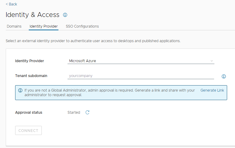Horizon Cloud Console のユーザー インターフェイスの [ID プロバイダ] タブのスクリーンショット。