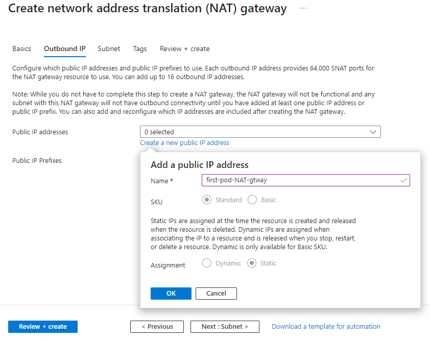 [NAT ゲートウェイの作成] ウィザードの [送信 IP アドレス] の手順を示すスクリーンショット