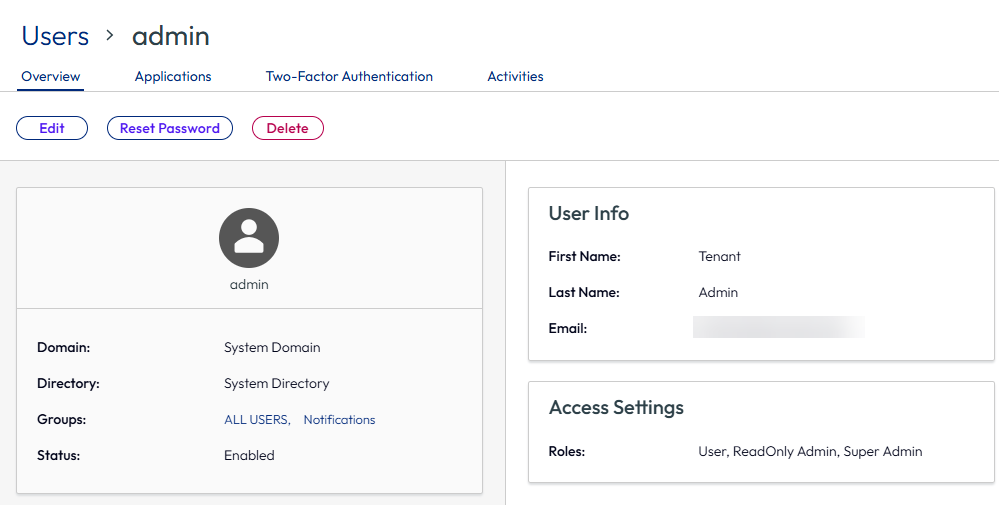 Omnissa Access コンソールの [管理者プロファイル] ページ