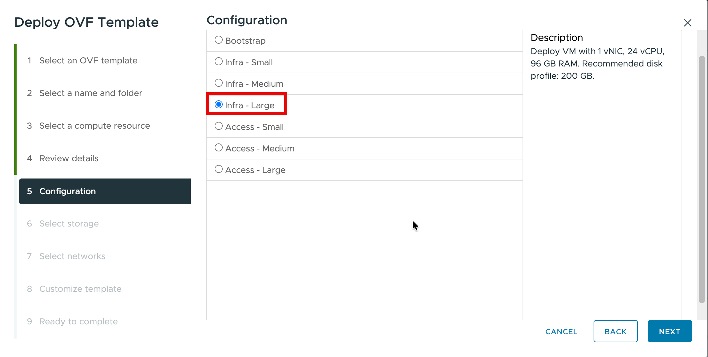 「インフラストラクチャ - 大規模」が選択された構成ステップ。サイジングとして、1 つの vNIC、24 個の vCPU、96 GB RAM が表示されています
