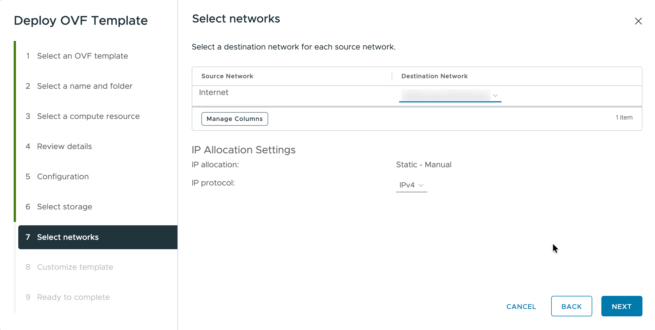 ネットワークの選択 ネットワークの選択ステップ。インターネットが宛先ネットワークにマッピングされ、「固定 - 手動 IP 割り当て」が設定されています