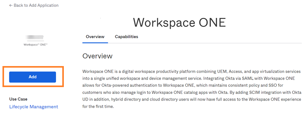 [Workspace ONE アプリケーション] ページにはアプリケーションの概要情報があり、[追加] ボタンが含まれています。