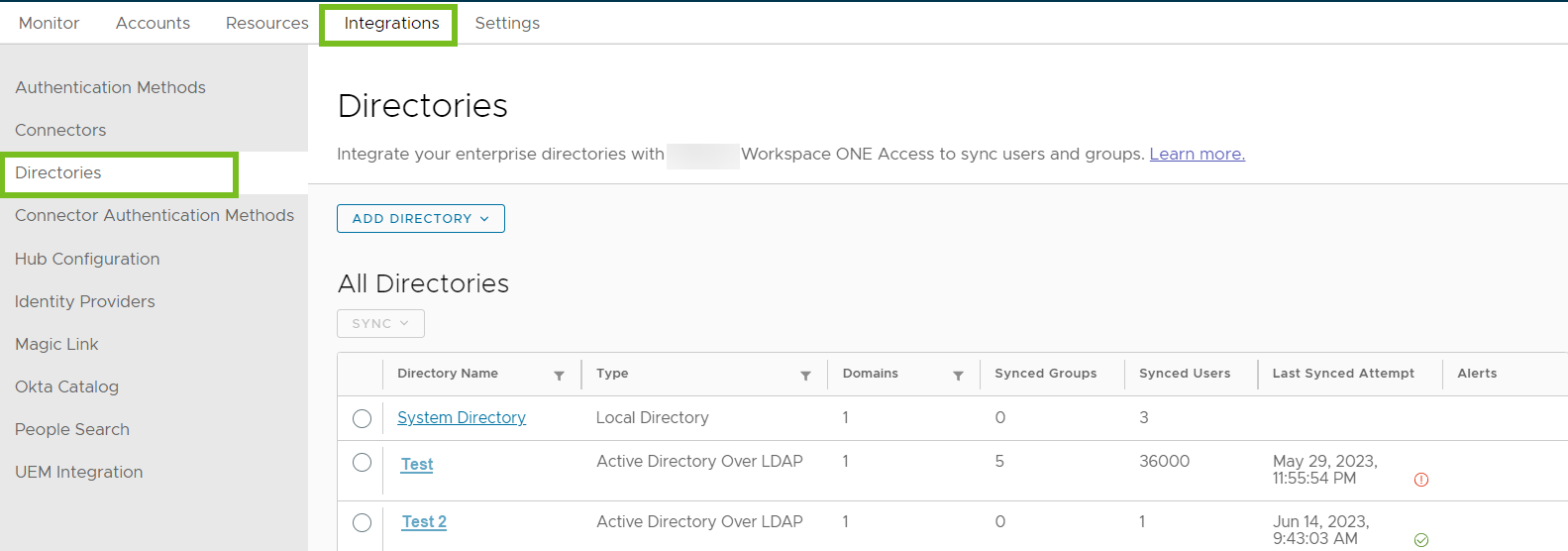 3 つのディレクトリ（システム ディレクトリと LDAP 経由の Active Directory タイプの同期された 2 つのディレクトリ）が表示されます。