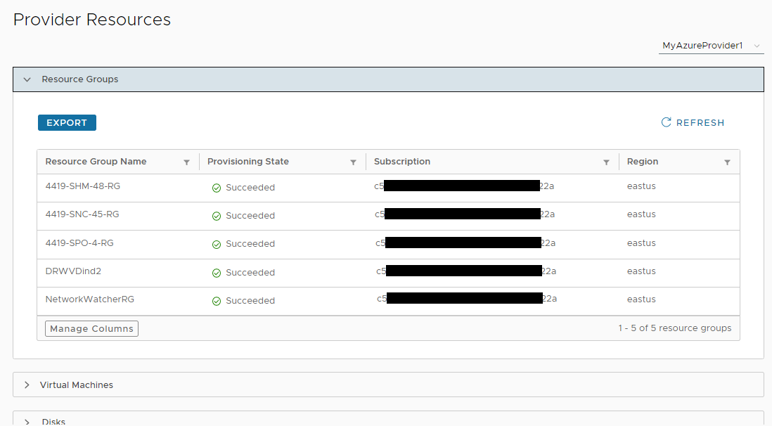 Microsoft Azure 제공자에 대한 리소스 그룹 정보를 보여 주는 스크린샷 Microsoft Azure 제공자에 대한 리소스 그룹 정보를 보여 주는 스크린샷