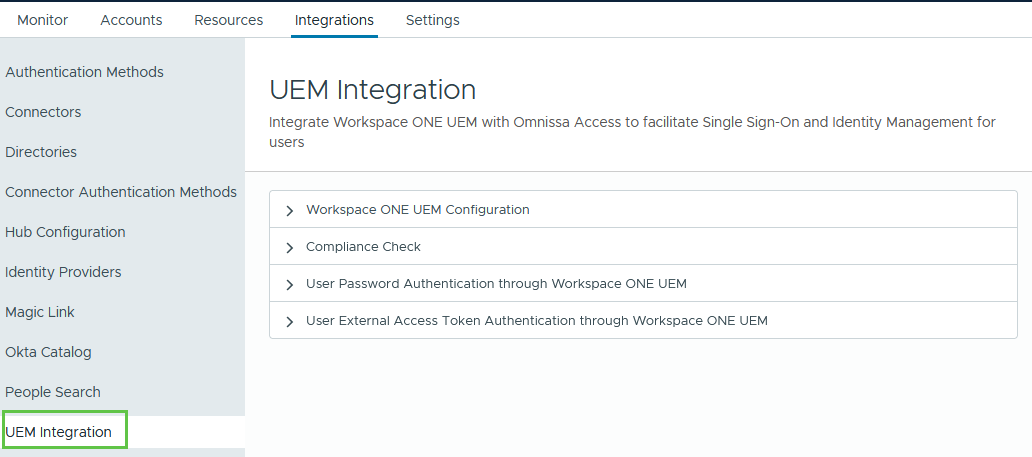 Omnissa Access 콘솔의 Workspace ONE UEM 통합 페이지