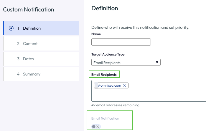 대상 청중이 이메일 수신자인 알림 생성.
