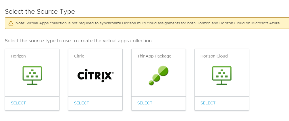 Horizon, Citrix, ThinApp 패키지 및 Horizon Cloud라는 네 개 타일이 표시됩니다. Horizon, Citrix, ThinApp 패키지 및 Horizon Cloud라는 네 개 타일이 표시됩니다.