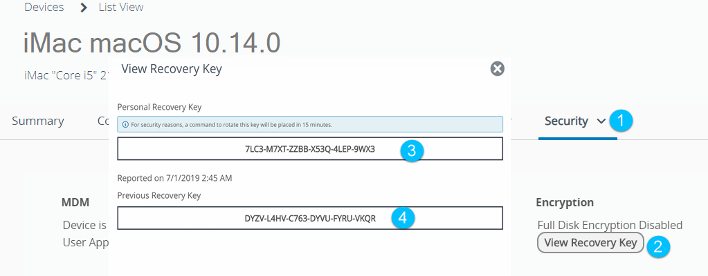 Device Details page showing View Recovery Key option.