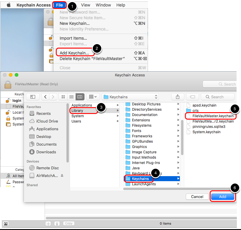 Keychain Access application showing the steps to select a file, add a keychain, location of the library folder, and selecting a FileVaultMaster keychain