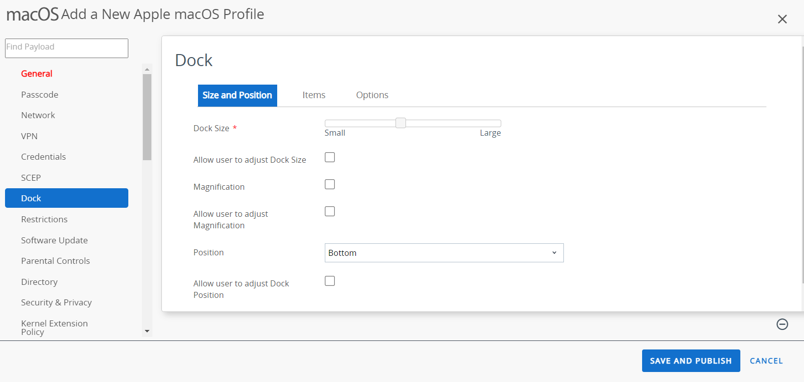 The Dock profile user interface showing the various options.