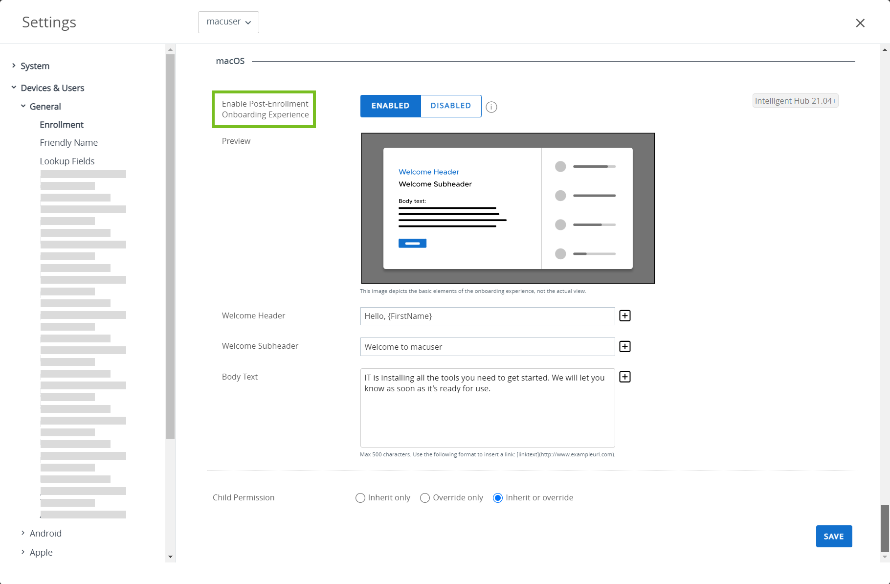 The Workspace ONE UEM enrollment settings screen showing different options with the Enable Post-Enrollment Onboarding experiencing option highlighted