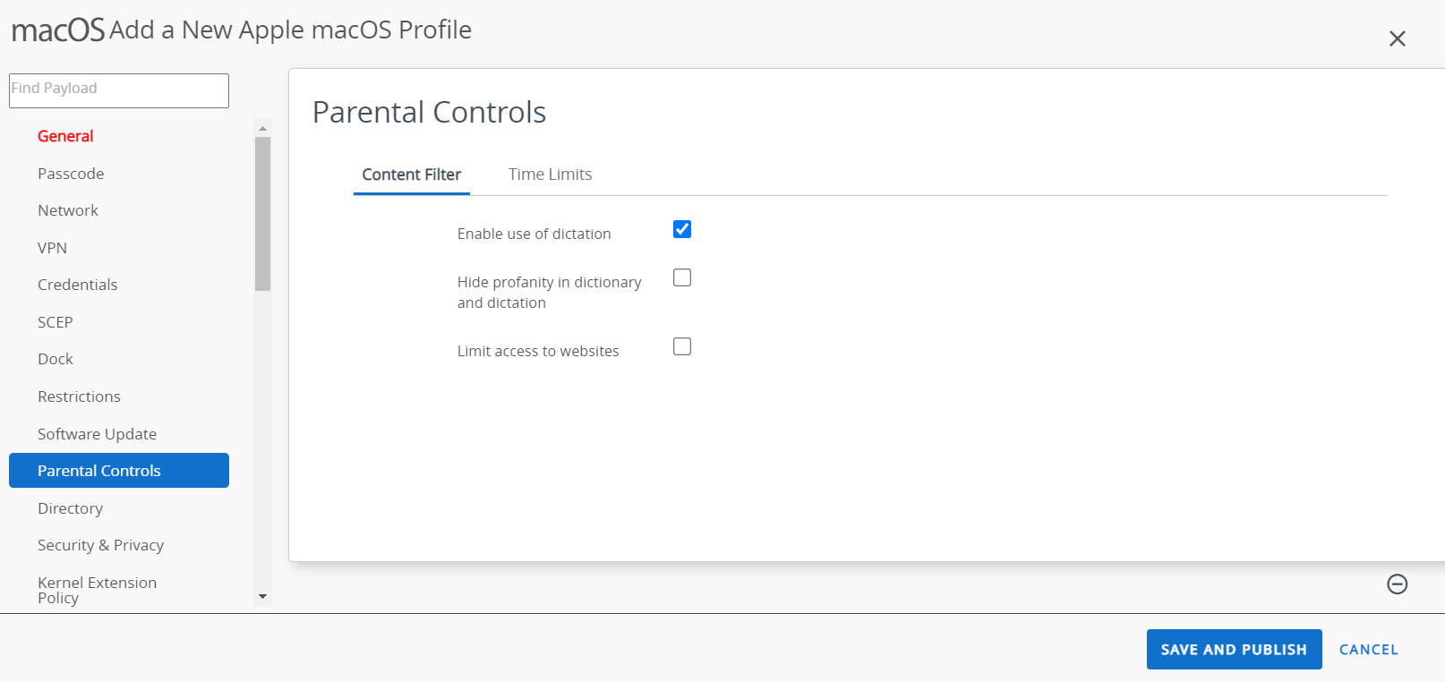 The parental controls profile displays content filter and time limits options