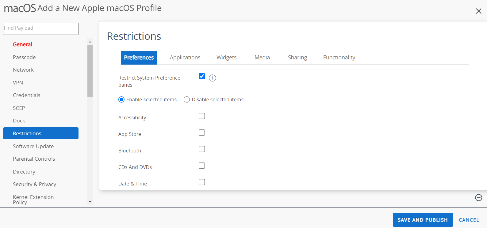 The restrictions payload displays to setup options for preferences, applications, widgets etc