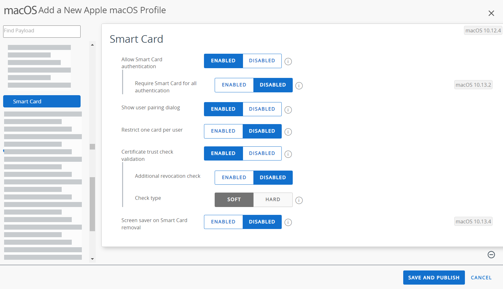 The smart card payload page displays options for smart card authentication