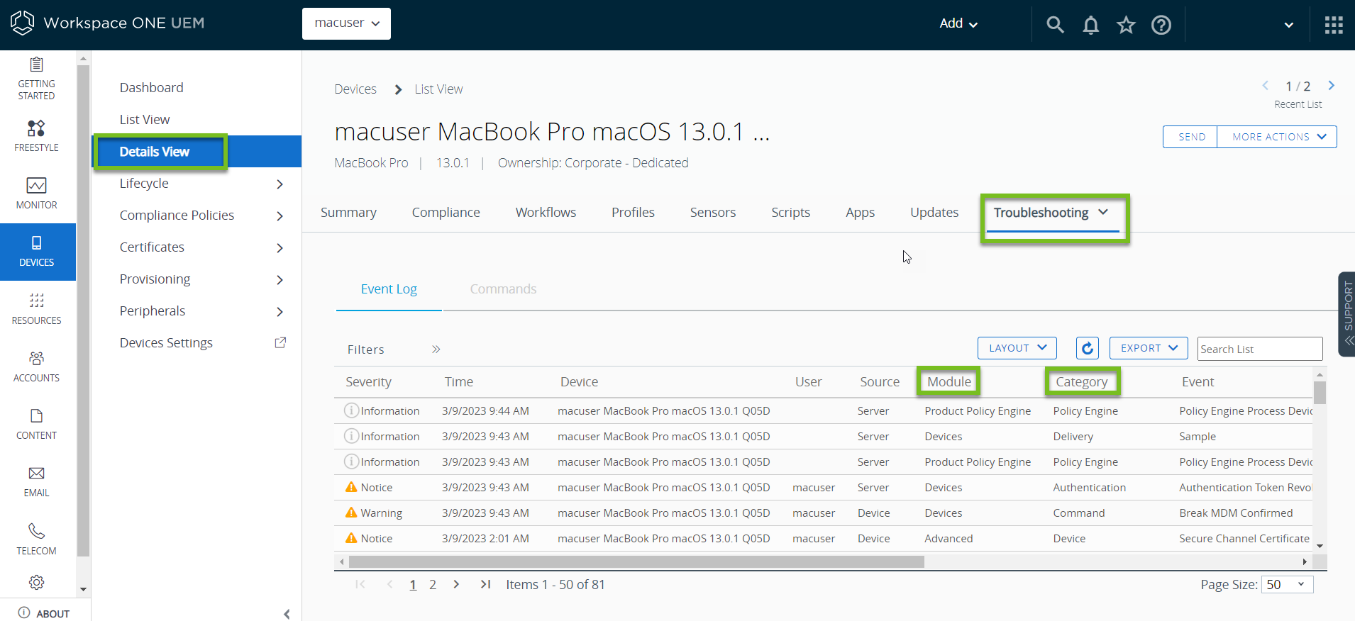 The Troubleshooting option shows the Module and Category options highlighted
