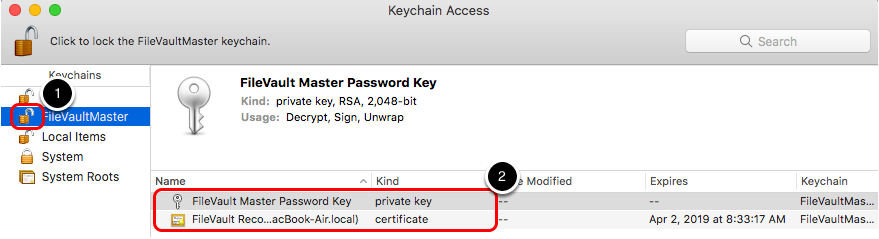 Keychain access screen showing the FileVaultMaster keychain unlocked icon, private key and certificate in the keychain Keychain access screen showing the FileVaultMaster keychain unlocked icon, private key and certificate in the keychain