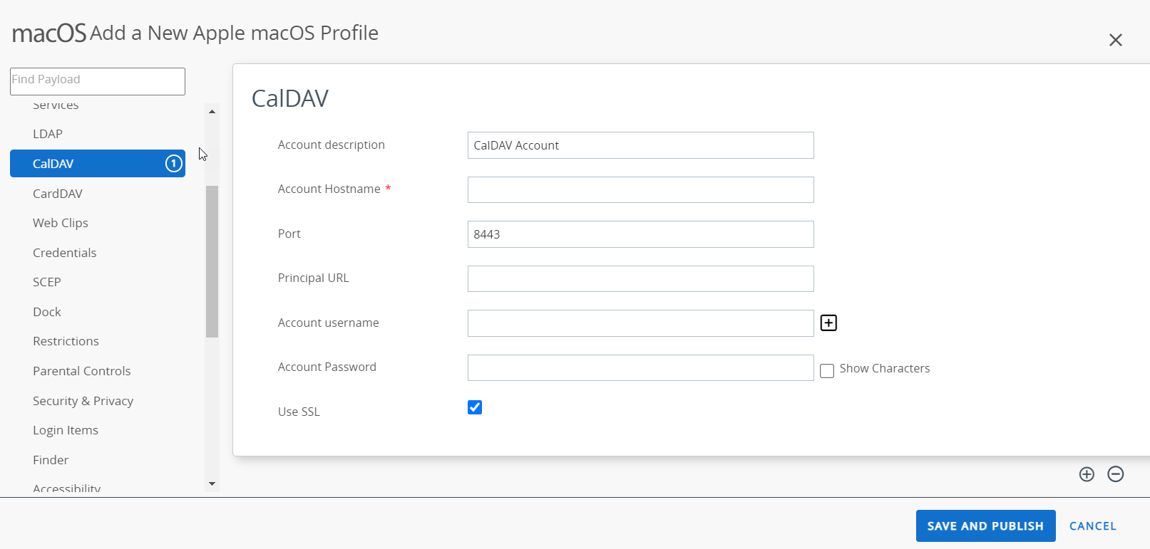 The CalDav page displaying settings