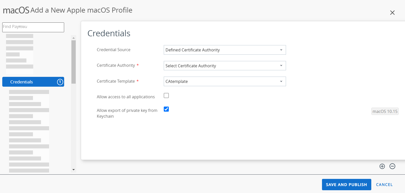 The Credentials payload displaying various options