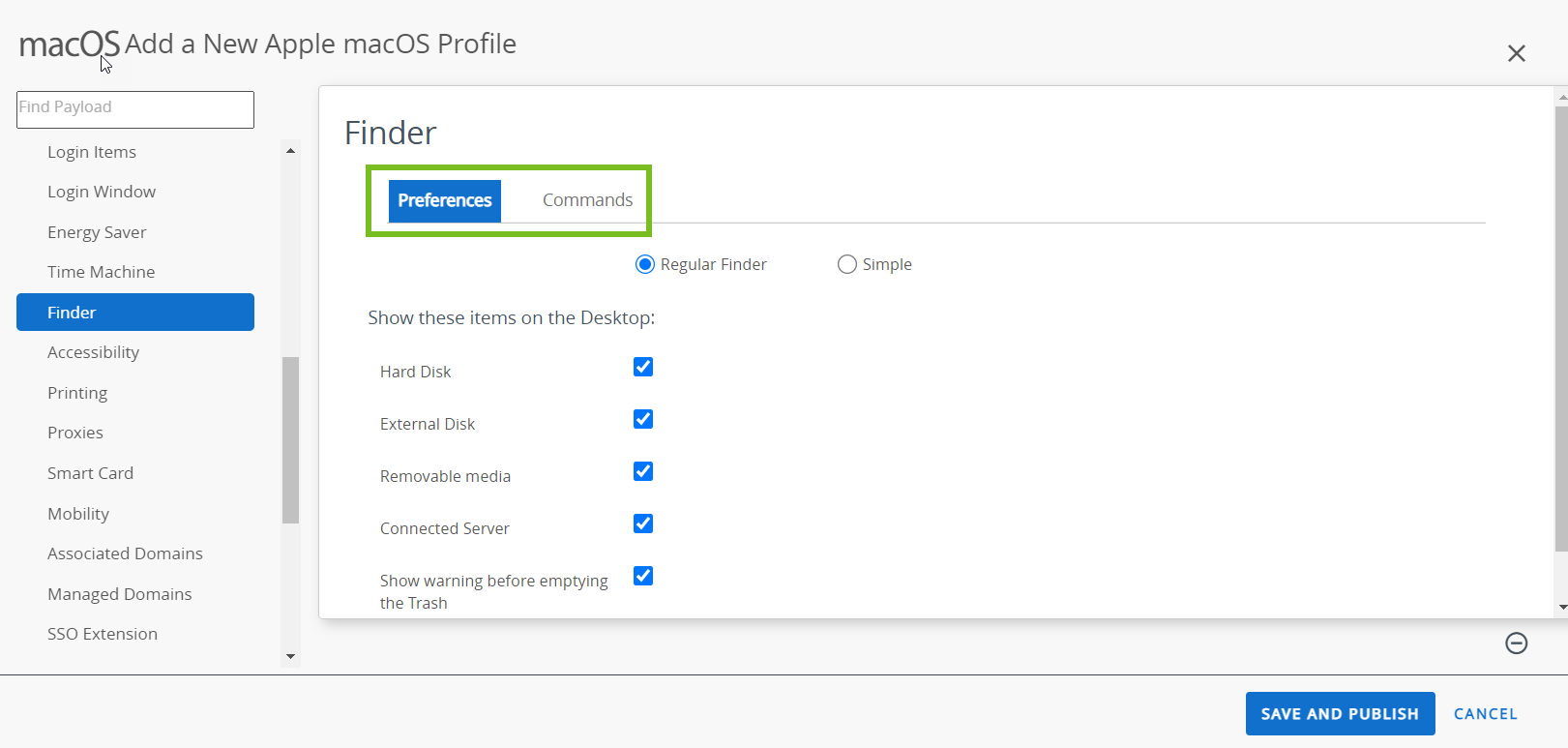The Finder profile user interface showing the various options.