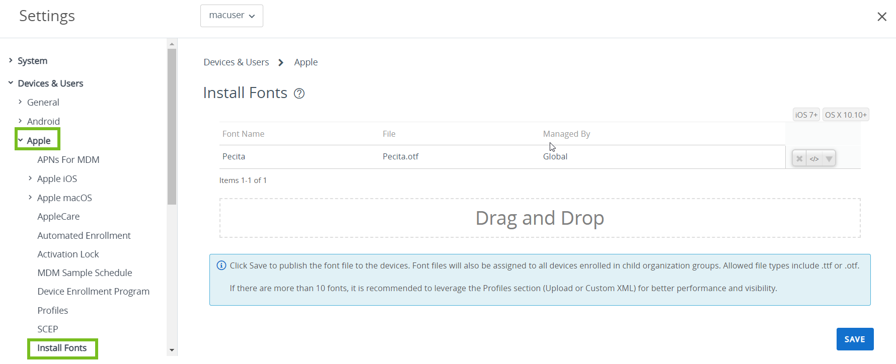 The Install font user interface showing the various settings with Apple and Install fonts options highlighted.