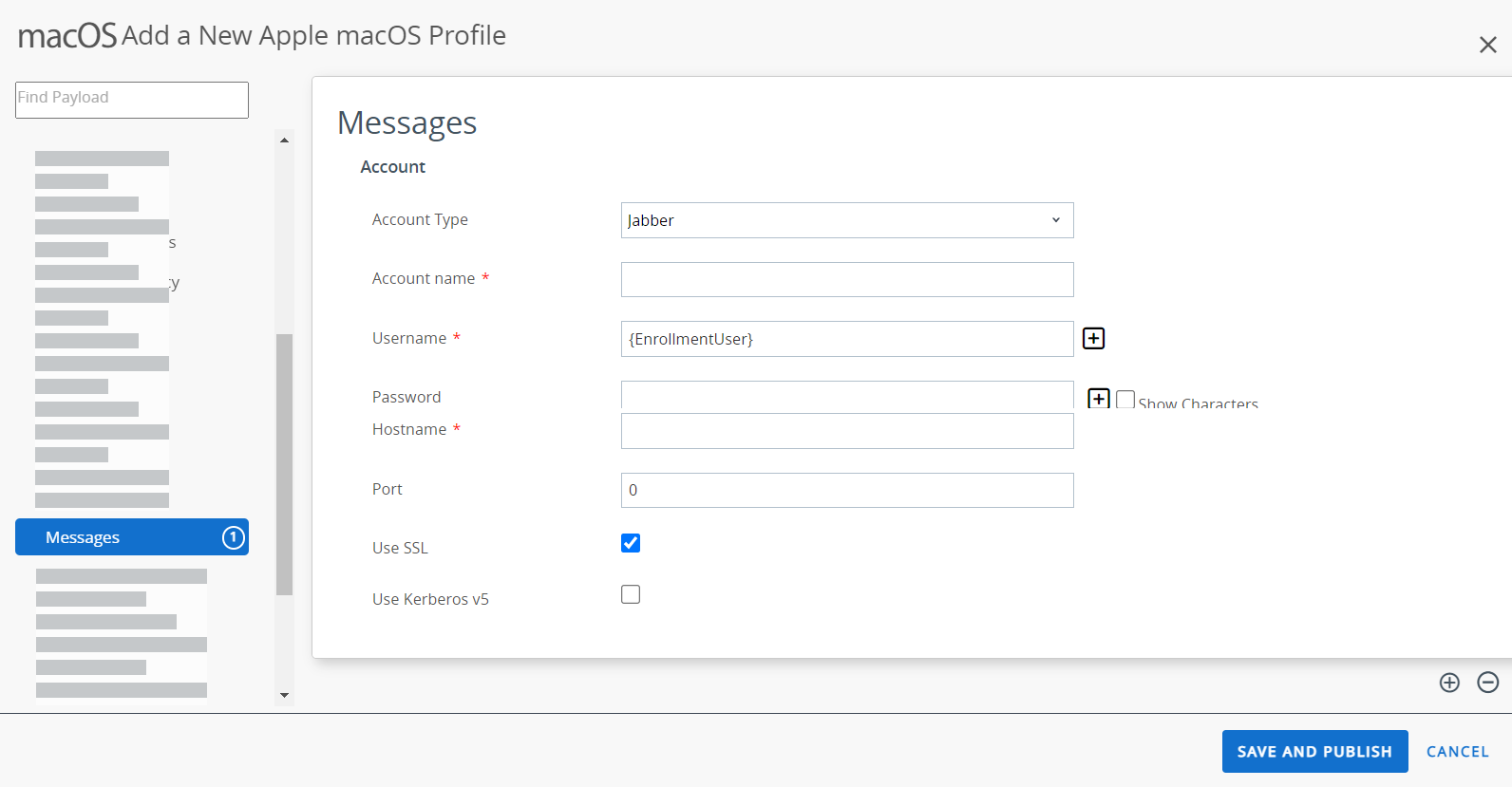 The messages payload displays settings for various accounts