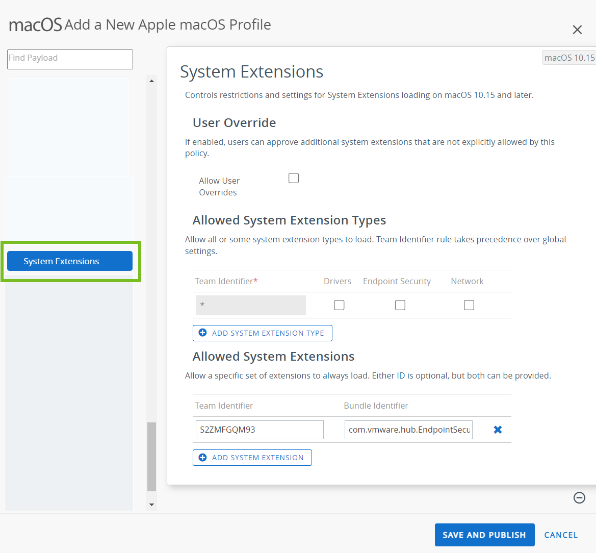 The system extension payload displays options to control extensions and restrictions for system extensions 