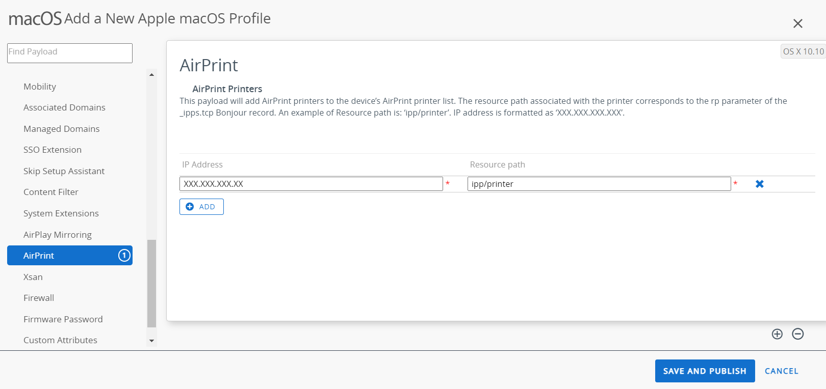 The Airprint payload settings page displaying IP address and Resource path options