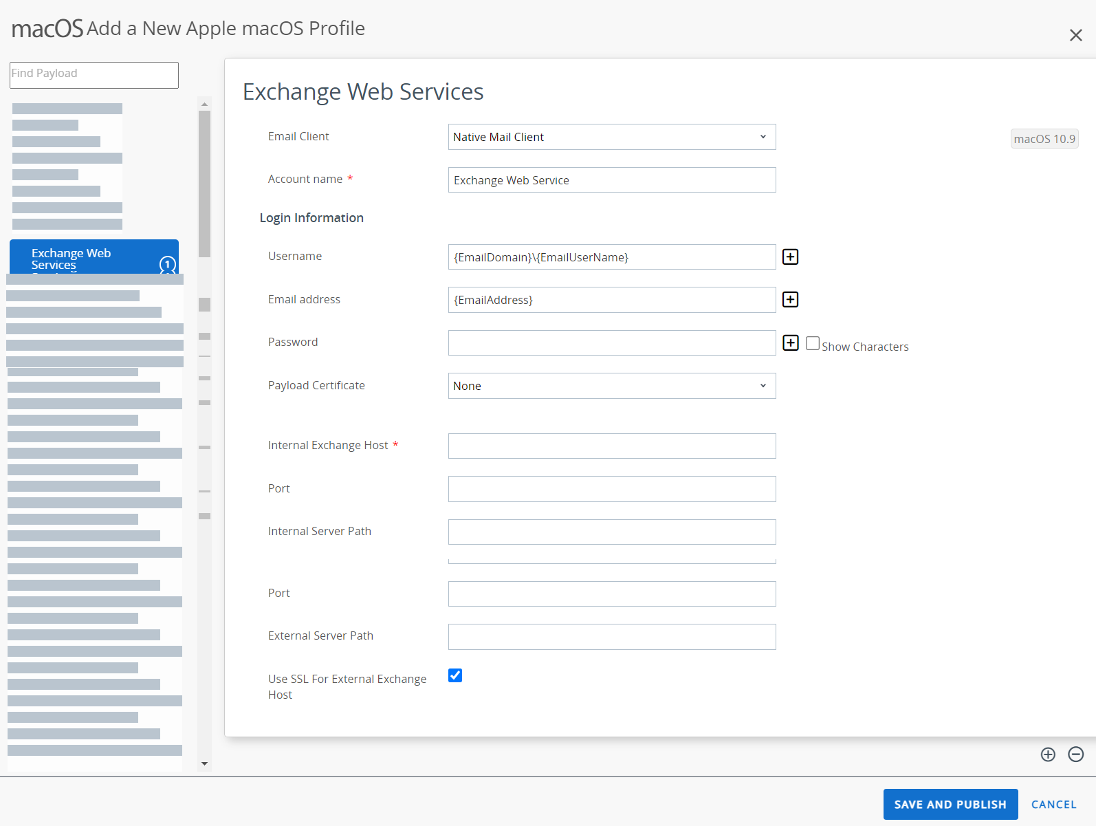 The exchange web services payload page displays various options for exchange web services