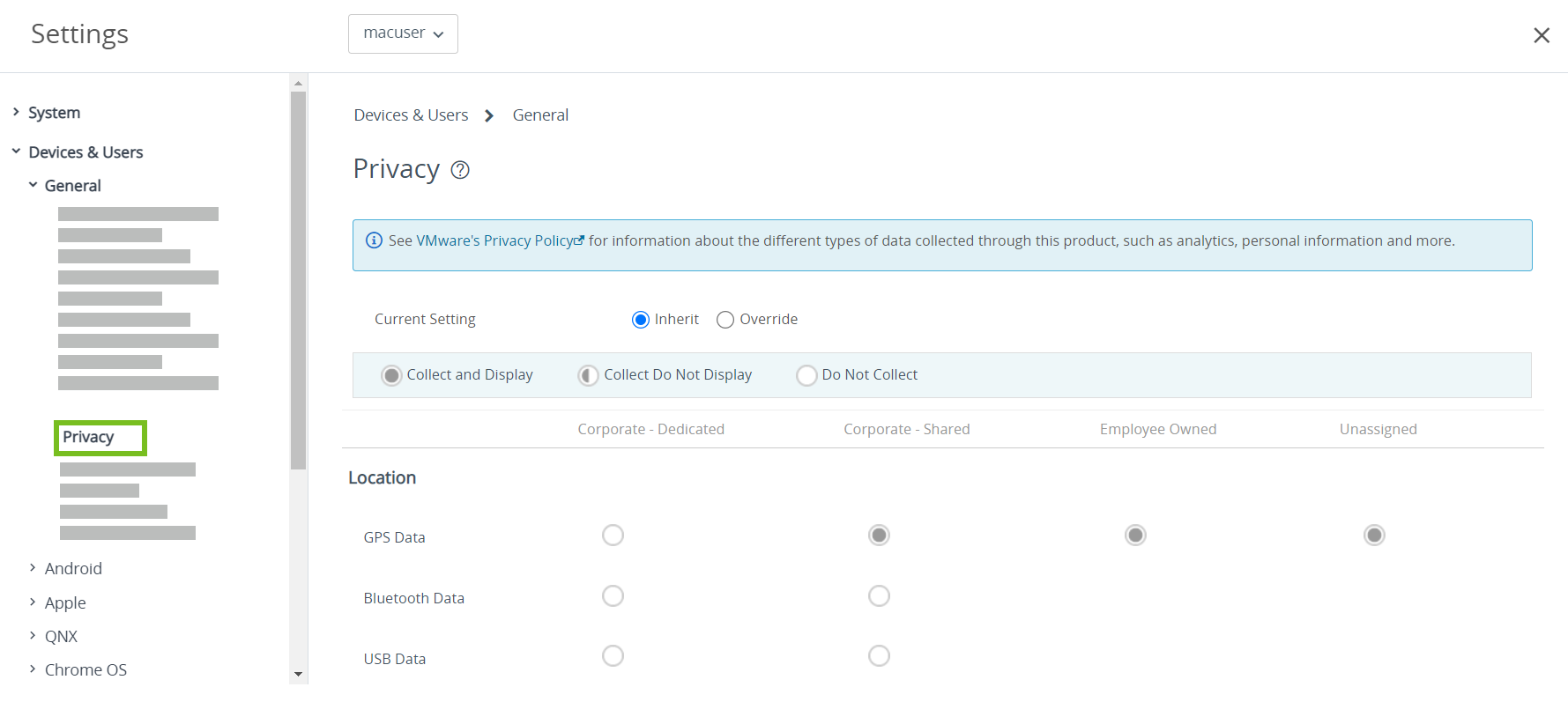The Privacy settings user interface contains location,telecom,applications,profiles and network settings with privacy option highlighted. The Privacy settings user interface contains location,telecom,applications,profiles and network settings with privacy option highlighted.