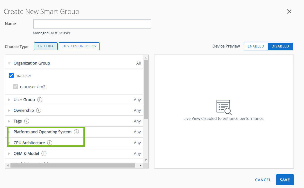 The Create a new Smart Group user interface showing Platform and operating system and CPU Architecture option highlighted. The Create a new Smart Group user interface showing Platform and operating system and CPU Architecture option highlighted.