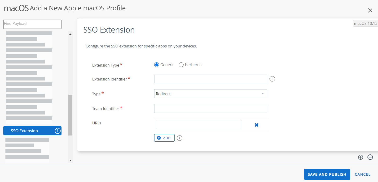 The SSO extension payload displays option to configure SSO extensions for specific apps