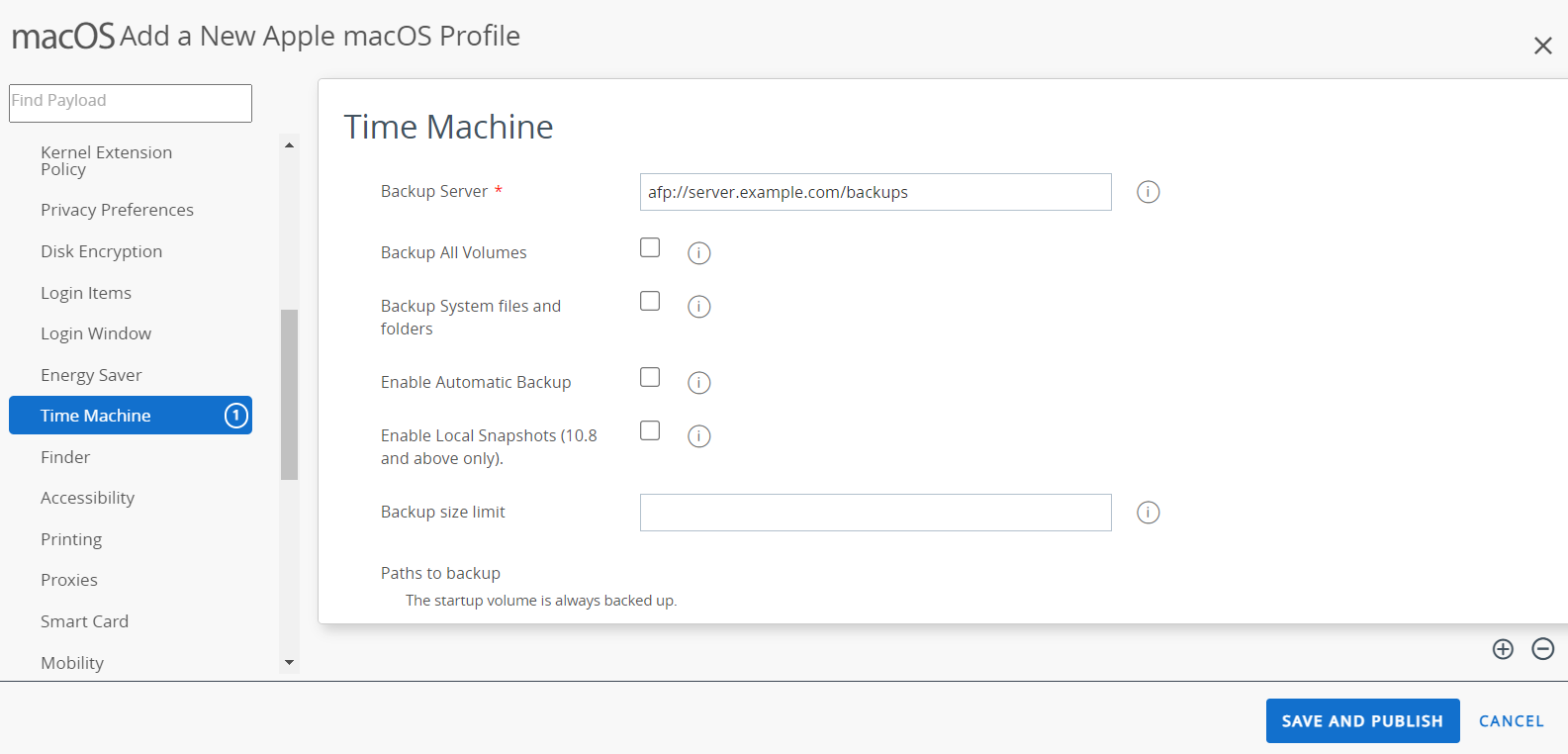 The time machine payload displays various options to backup system