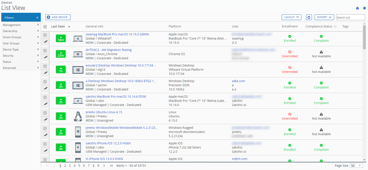 Device List View displays general information about the device, platform, user details, enrollment and compliance status