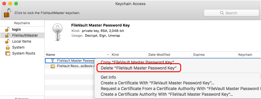 Keychain access screen showing FileVault Master Password Key and Delete key