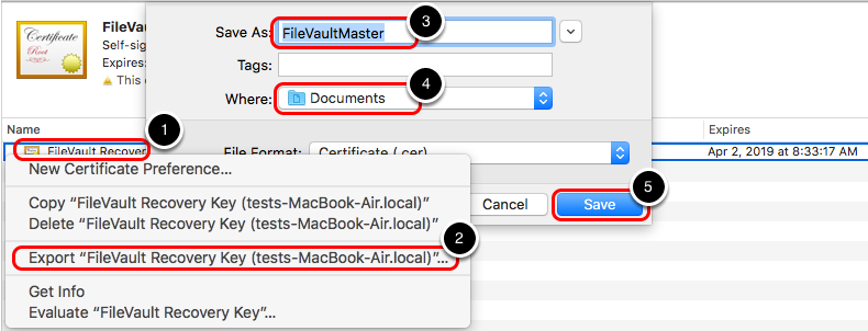 Screenshot showing how to export FileVault Recovery Key certificate