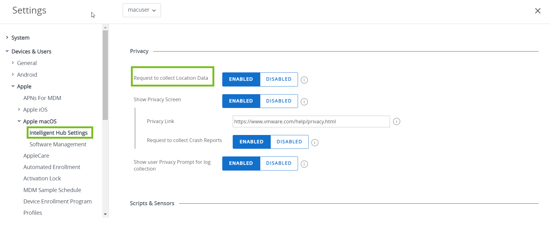 The Intelligent Hub Settings Privacy user interface showing Request to collect location data option highlighted.