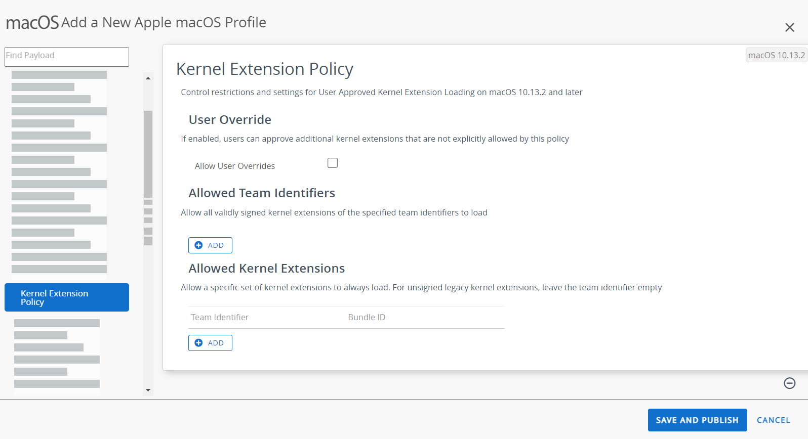 The Kernel Extension policy payload displays restrictions and settings for user approved kernel extension The Kernel Extension policy payload displays restrictions and settings for user approved kernel extension