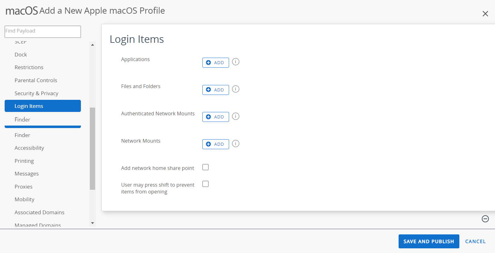 The Login Items payload displays options such as Applications, file and folders etc The Login Items payload displays options such as Applications, file and folders etc