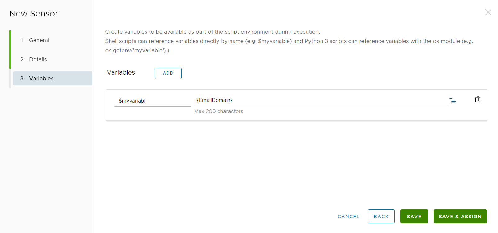The New Sensor Variables page displays the option for adding variables The New Sensor Variables page displays the option for adding variables