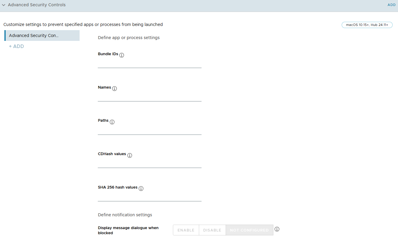 The Advanced Security Controls page shows the options populated with the values
