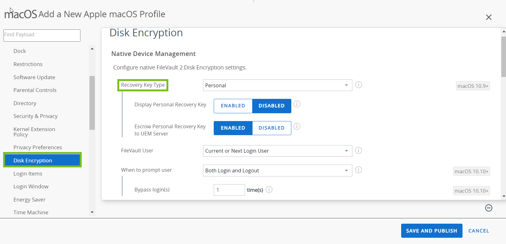 The Disk encryption profile page shows the recovery key type option highlighted